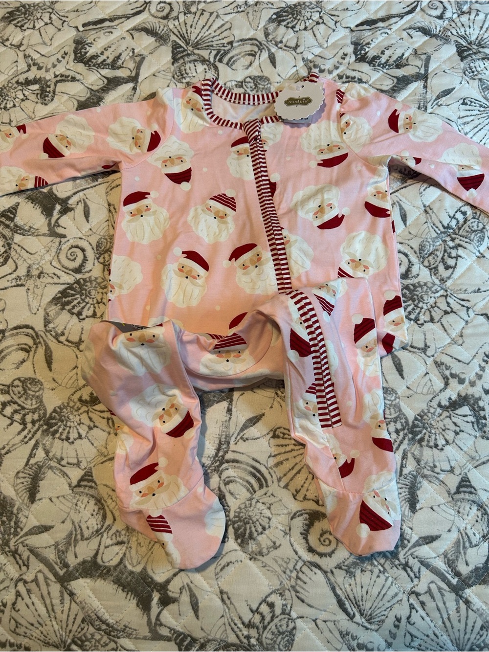 Mud Pie Pink Santa Print Footed One-Piece